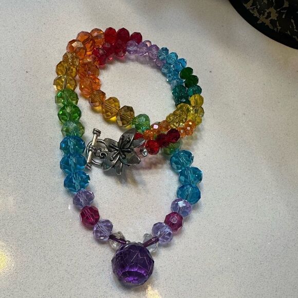 Handmade Necklace with Genuine Crystals in Graduating Rainbow Colors 22” 925 - Picture 2 of 3